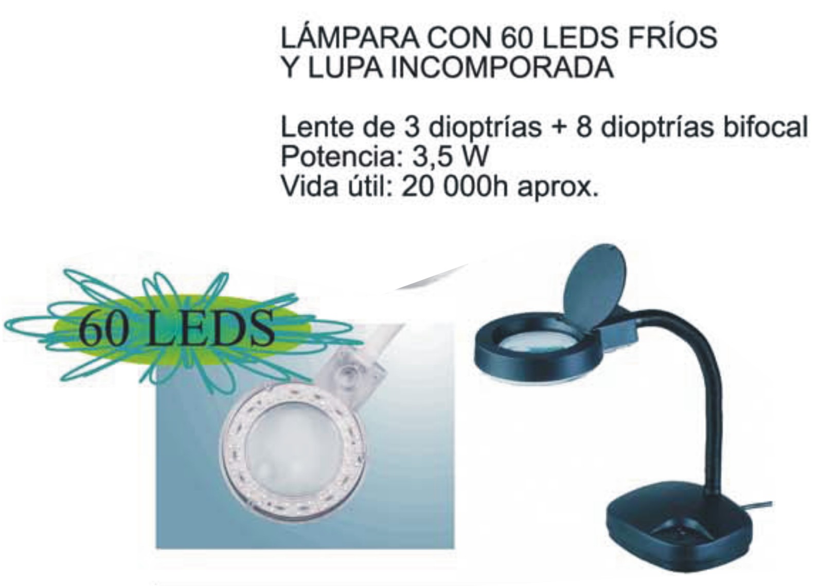 LAMPARA 60 LEDS + LUPA - COLOR NEGRO